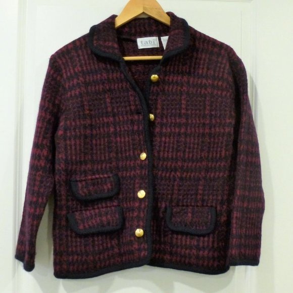 VINTAGE Houndstooth Plaid Wool Boxy Cardigan Jacket - Picture 2 of 10